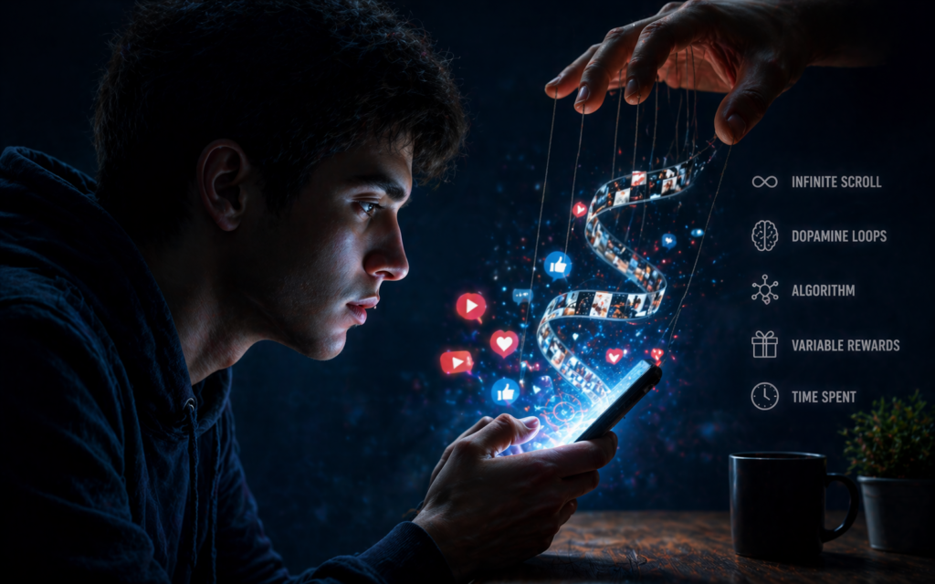 Social media algorithm manipulation showing user addicted to smartphone with dopamine loops and infinite scroll