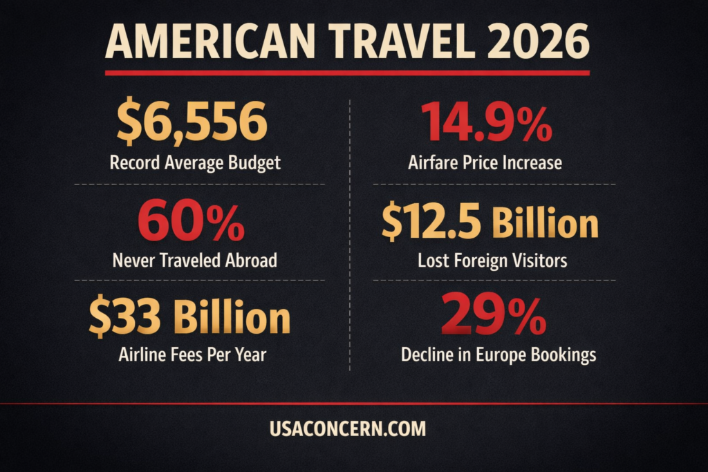 American Travel 2026 key statistics infographic — $6,556 average budget, 60% never traveled abroad, $33 billion airline fees, 14.9% airfare increase