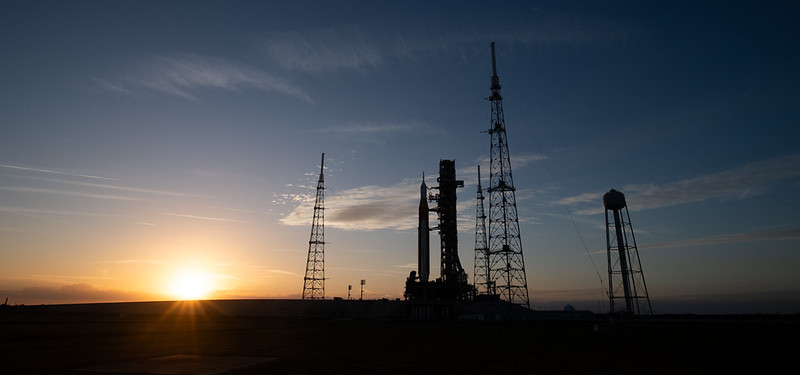 NASA's Artemis II Space Launch System rocket silhouetted against a sunset sky at Launch Complex 39B, Kennedy Space Center, Florida, January 17, 2026