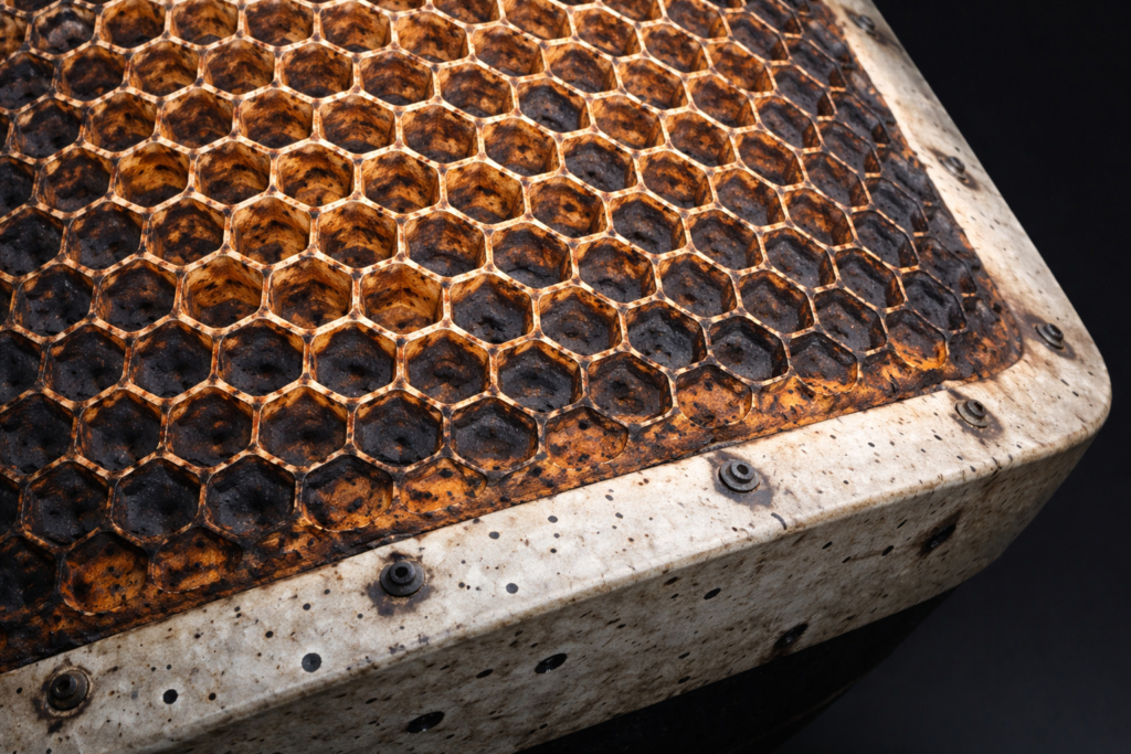 AVCOAT heat shield close-up showing honeycomb ablative material with burn marks from spacecraft re-entry