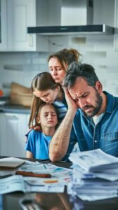 Stressed American family looking at unpaid bills and credit card statements at a kitchen table, representing the US household debt crisis in 2026.