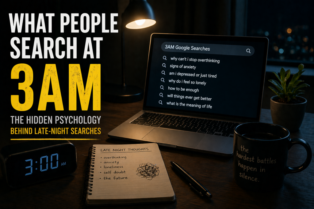 3AM Google searches psychology showing late-night overthinking anxiety and hidden thoughts on a desk at night