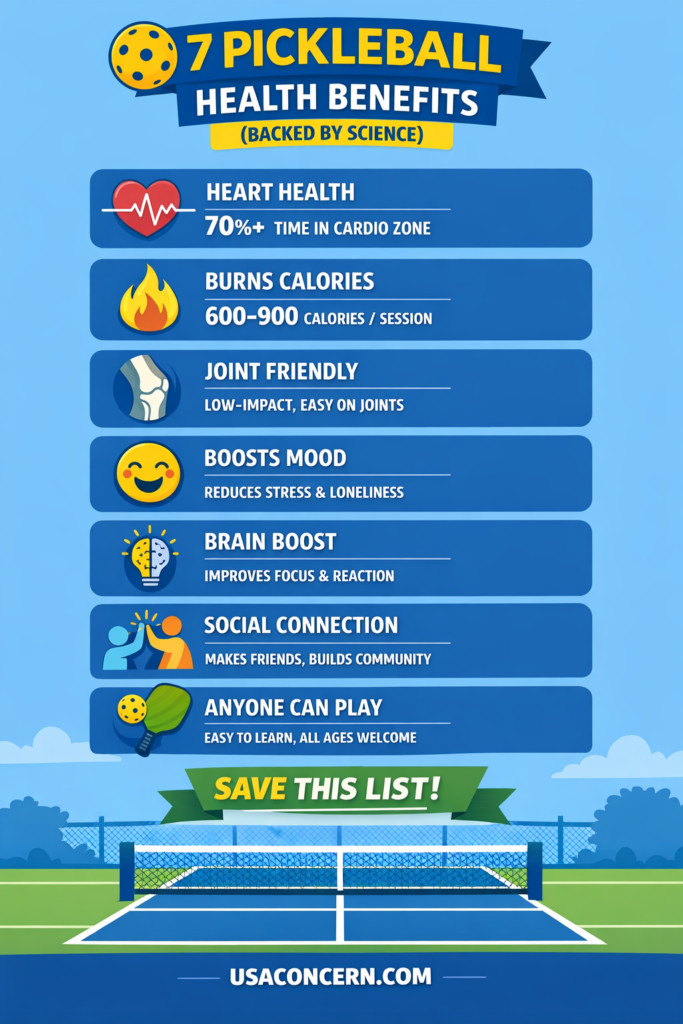 Infographic showing seven science backed pickleball health benefits, including heart health and mental wellness