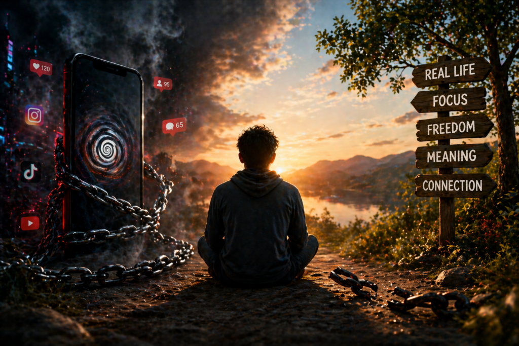 Breaking free from social media addiction showing digital detox and reclaiming attention in real life