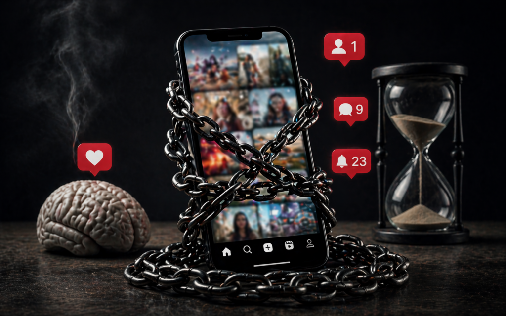 Smartphone addiction showing social media dopamine loop with chained phone and notifications