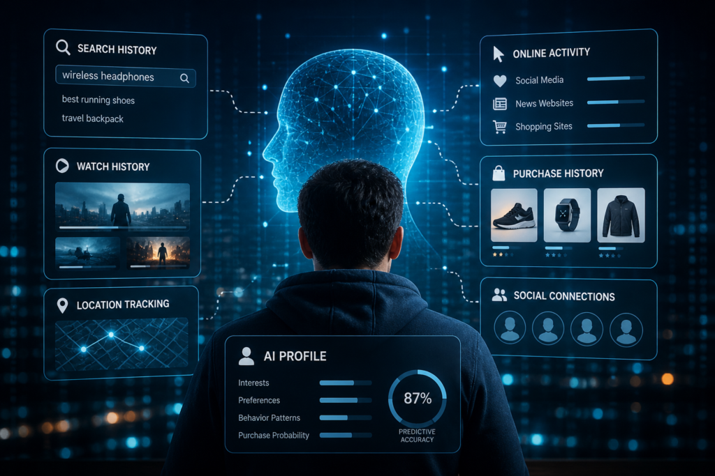 AI behavioral profiling analyzing user data like search history, activity patterns, and purchases to predict decisions