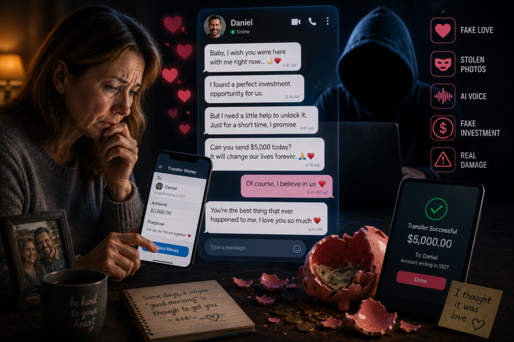 Woman sending $5,000 to a fake online lover in an AI romance scam using chatbots, stolen photos, and voice cloning