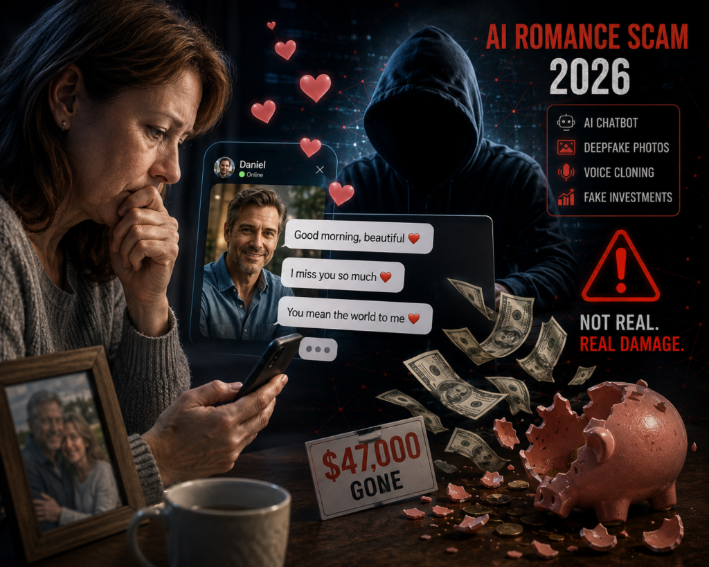 Woman targeted by an AI romance scam in 2026 using chatbots, cloned voices, fake profiles, and cryptocurrency fraud