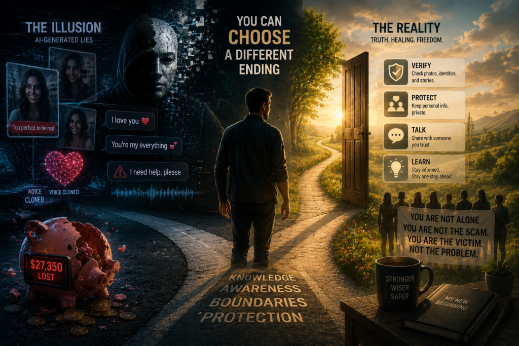 Man walks from the dark world of AI romance scams toward a bright path representing recovery, awareness, and protection