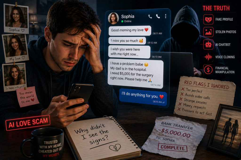 Young man realizes he was deceived by an AI romance scam after sending money to a fake online partner named Sophia